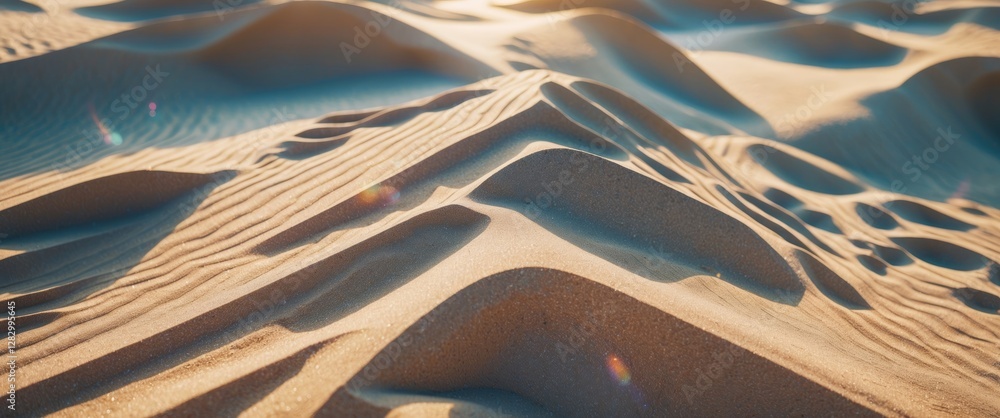 Poster Sand dunes with textured patterns and warm sunlight casting shadows on the surface in a desert landscape