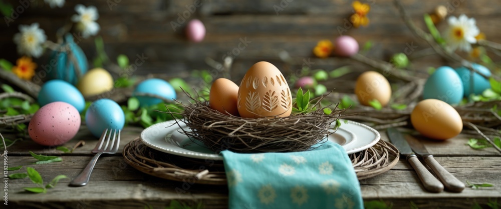 Aufkleber Easter table setting with decorated eggs in a nest surrounded by colorful eggs and spring flowers on a rustic wooden background