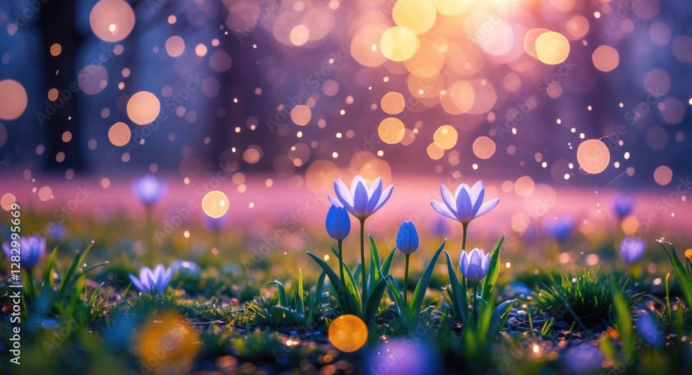 Poster sunlit meadow with blooming flowers and soft bokeh background in pastel colors during spring morning