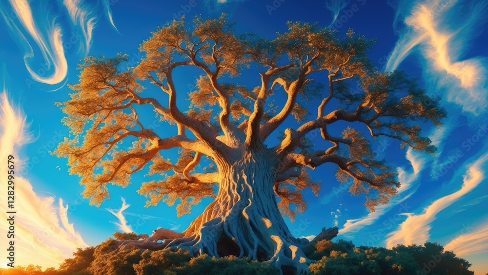 Poster majestic large tree with wide branches against a vibrant sunset sky with swirling clouds in a natura