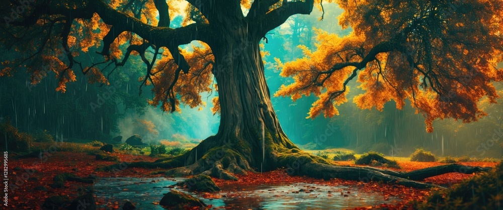 Poster majestic large tree in vibrant autumn colors near a calm stream with fallen leaves in a misty forest