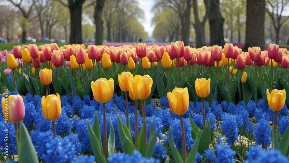 Poster colorful tulip and grape hyacinth flower field with blooming trees in a park during springtime.