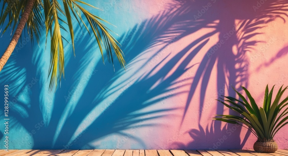 Aufkleber palm tree shadows on a colorful gradient wall with wood flooring and potted plant in a tropical sett