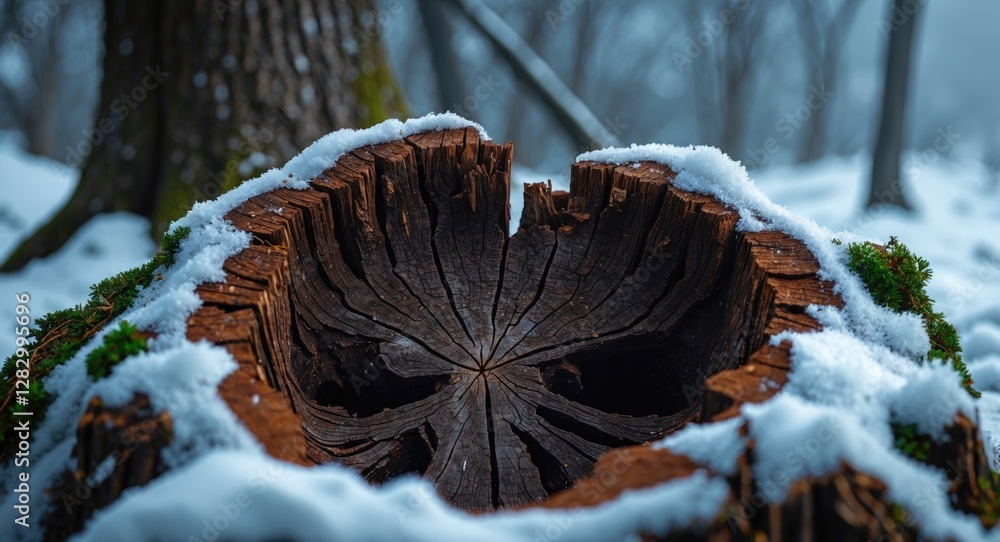 Poster close-up of a snow-covered tree stump with detailed wood grain patterns and moss in a foggy winter f