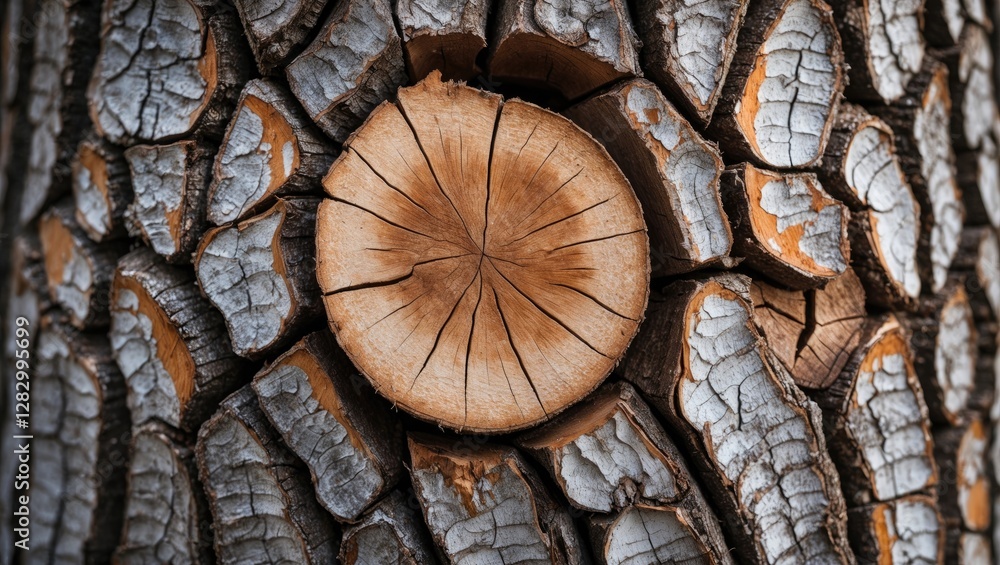 Poster Close-up view of tree bark texture with a cross-section of a tree stump featuring concentric growth rings and rough wood patterns