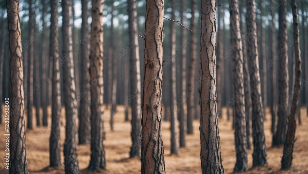 Poster pine tree forest with straight trunks and natural lighting creating a serene atmosphere in the woods