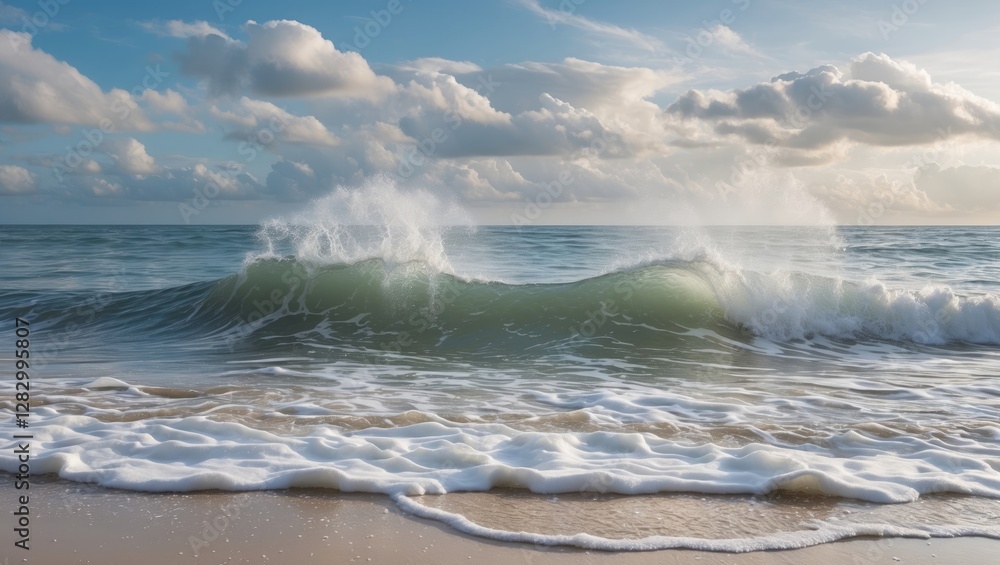 Poster ocean wave crashing on sandy beach under blue sky with clouds in the background during daylight hour