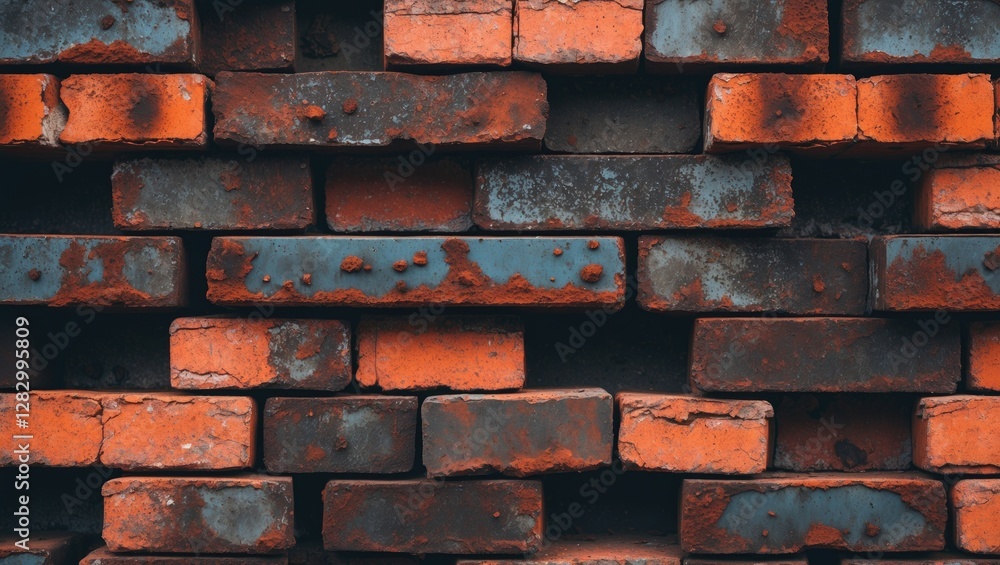 Poster rustic wall texture with weathered bricks showcasing a vibrant interplay of red and blue tones creat
