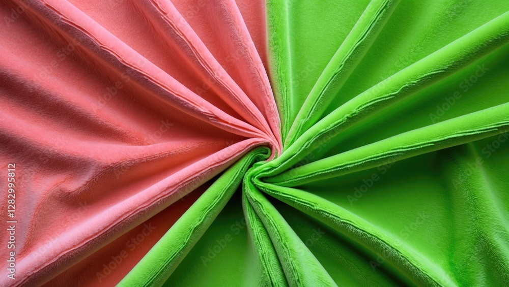 Poster Textured fabric in pink and green colors arranged in a radial pattern creating visual contrast and depth.
