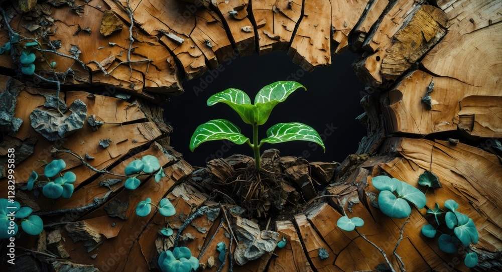Poster new growth emerging from a tree trunk surrounded by small plants and moss in a natural setting with 