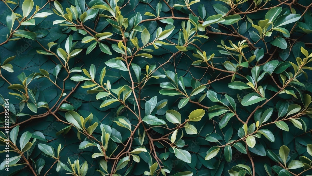 Aufkleber Green leafy branches arranged on a dark background creating a textured natural pattern in a flat lay perspective.