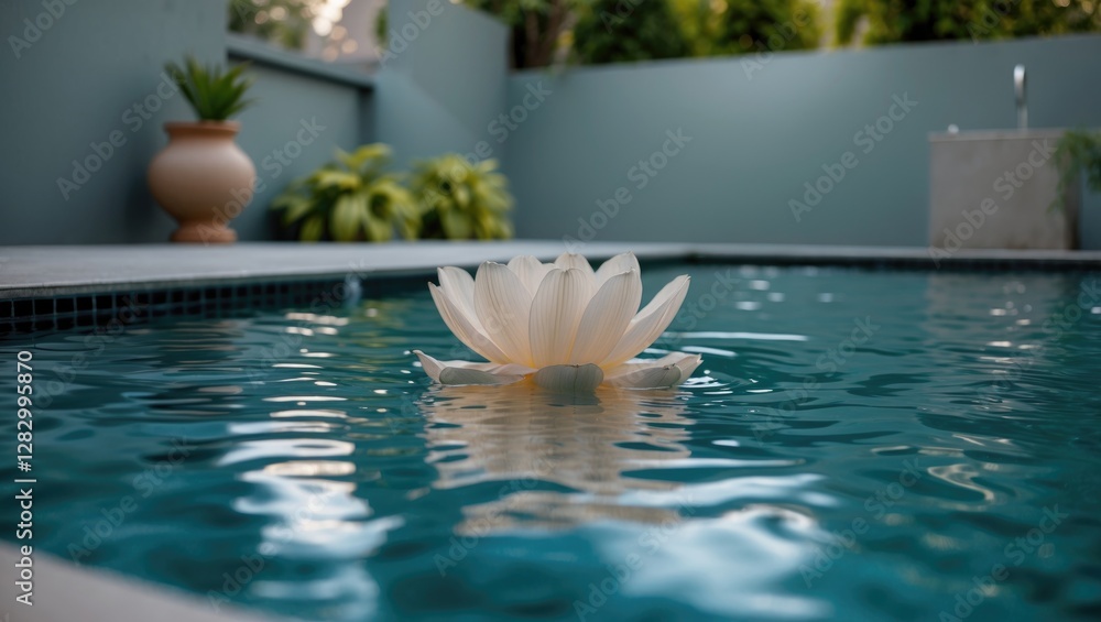 Poster white lotus flower floating on the surface of a tranquil swimming pool with green foliage in a seren