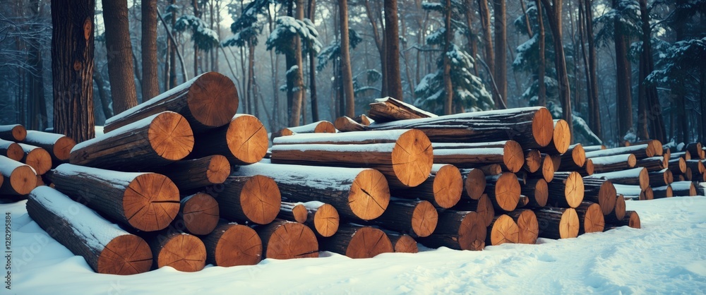 Poster Stacked logs in a snowy forest setting with tall trees in the background during winter season.