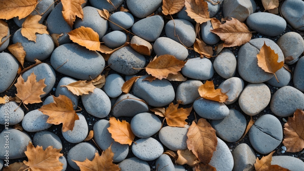 Poster pebbles and dry autumn leaves on the ground creating a natural textured background in warm colors