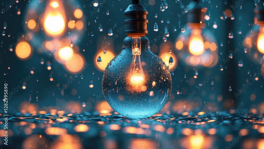 Poster glowing light bulbs with droplets creating a mesmerizing abstract blurred background of vibrant colo