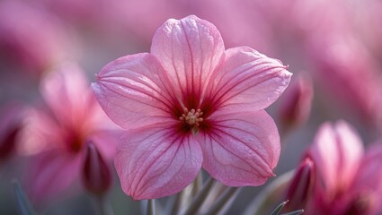 Fototapeta premium Delicate close-up of a pink flower highlighting intricate petal textures with soft blurred background for a serene floral aesthetic.