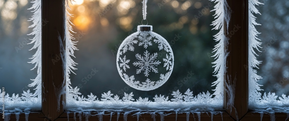 Poster frosted window ornament with intricate snowflake design illuminated by soft winter sunlight