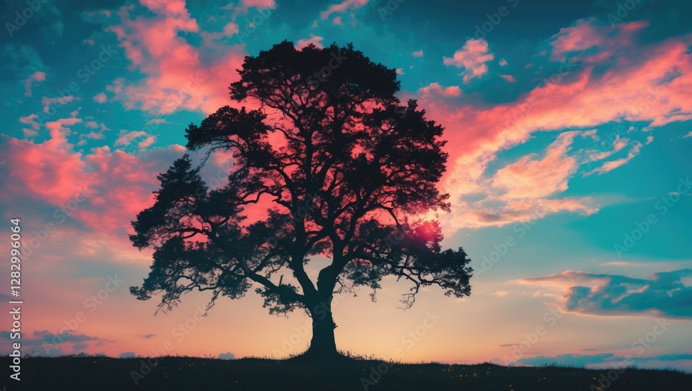 Poster silhouette of a large tree against a vibrant sunset sky with colorful clouds and contrasting landsca