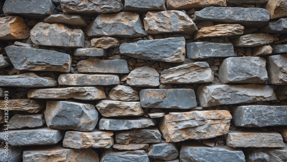 Poster textured stone wall composed of various sizes of grey and brown rocks arranged in a rustic pattern.
