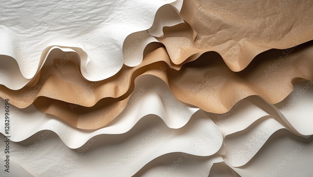 Poster Textured layers of white and brown crumpled paper creating abstract design background suitable for various graphic applications