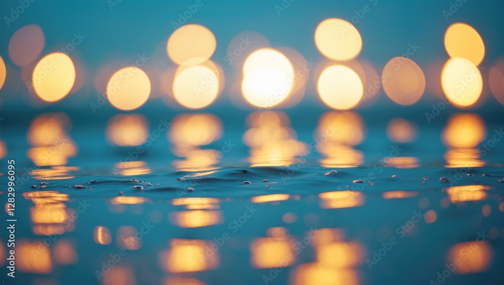 Poster bokeh water surface with soft golden light reflections creating a tranquil and abstract ocean atmosp