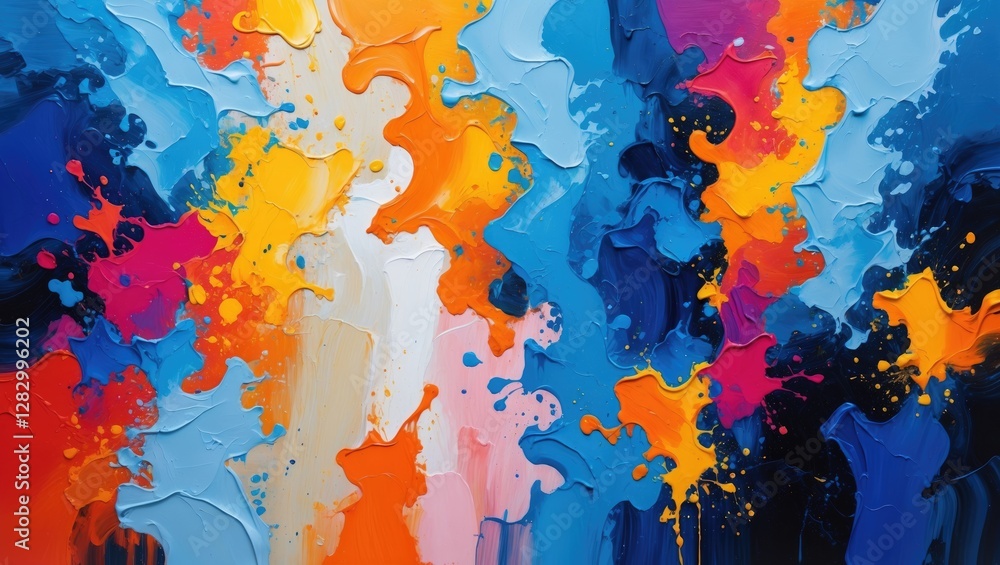 Poster vibrant abstract oil painting with bright textures and multicolored splashes creating an energetic a
