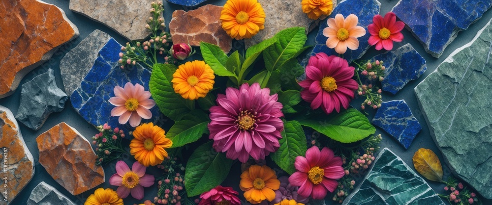 Poster Colorful flowers arranged on a textured background of various stones and rocks in vibrant colors and natural patterns