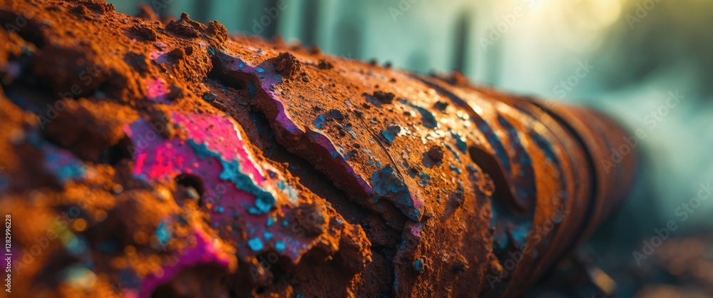 Aufkleber rusty industrial pipe with colorful paint peeling, showcasing texture and decay in an atmospheric se