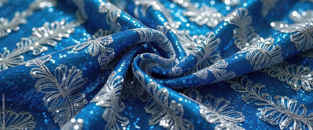 Poster Blue fabric with intricate silver embroidery and sequins creating a textured pattern on soft textile surface