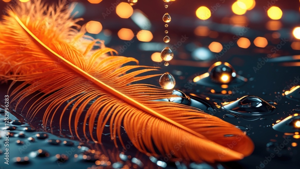 Poster elegant orange feather resting on a reflective surface with water droplets and soft bokeh lights cre