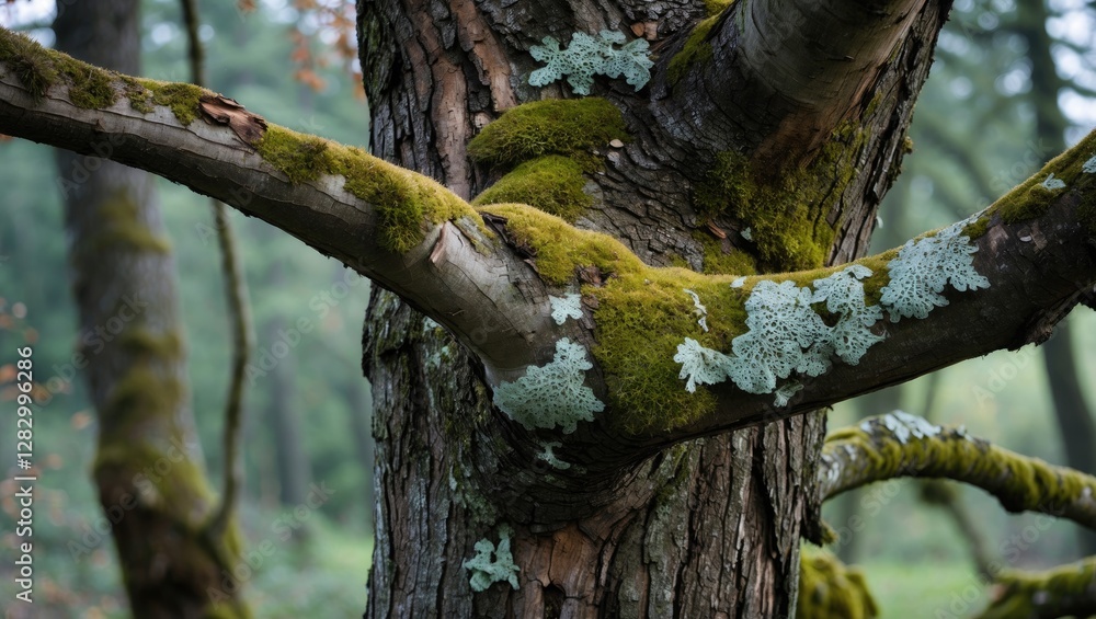 Poster Close-up view of textured tree trunk with green moss and lichen growth in a forested environment during daylight.