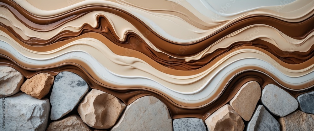Poster abstract fluid art background featuring light brown and white colors with wavy patterns. acrylic mar