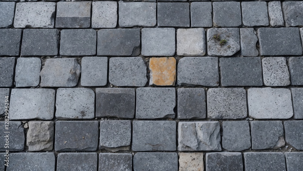 Aufkleber Gray and yellow cobblestone pavement surface with varying sizes and textures of stones arranged in a pattern.
