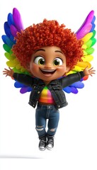 Joyful girl with rainbow wings leaps in the air, radiating happiness and vibrant energy.