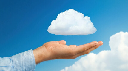 A hand holds a fluffy cloud against a bright blue sky, symbolizing creativity, dreams, and the limitless possibilities of imagination.