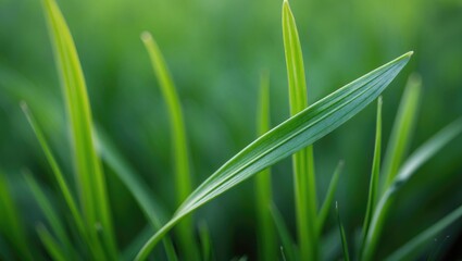 Obraz premium Lush green grass blades in nature showcasing vibrant textures and soft focus background for serene landscaping imagery.