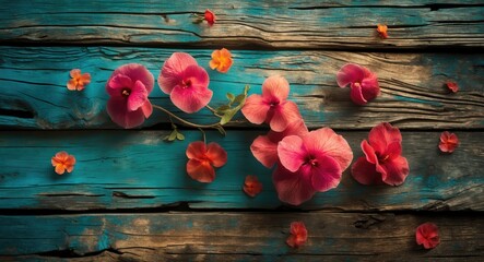 Fototapeta premium Assorted pink and orange flowers arranged on a rustic blue wooden background with natural textures and details featured prominently.