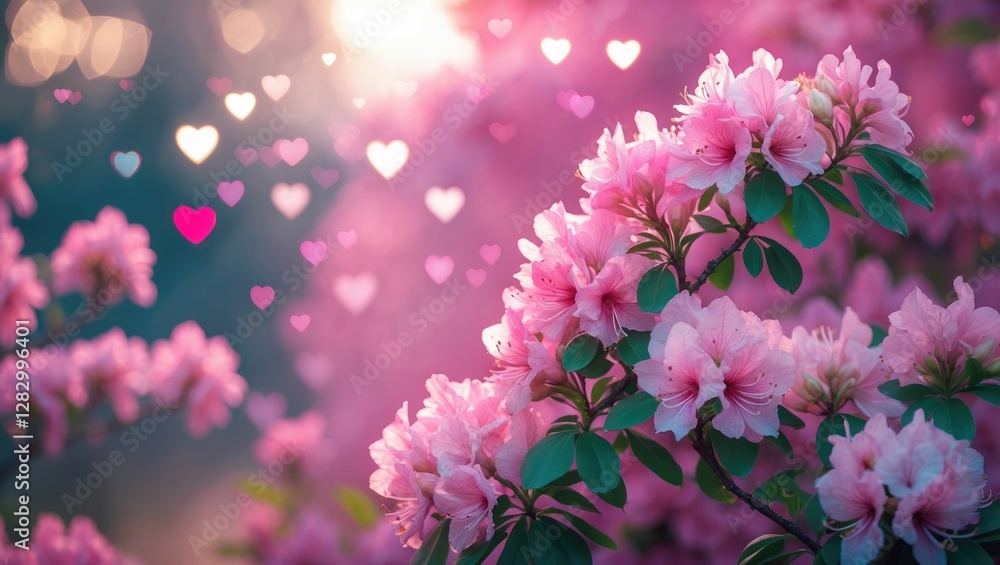 Poster Pink blossoms with heart-shaped bokeh light in a soft-focus background during sunset in a floral composition