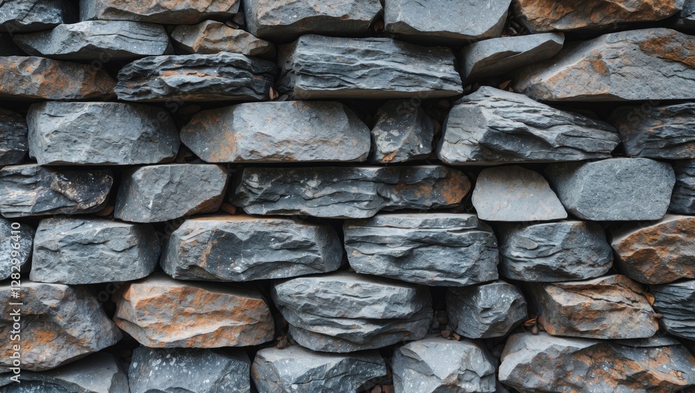 Poster Gray stone wall texture with rough surface and irregular shapes suitable for backgrounds and architectural designs.