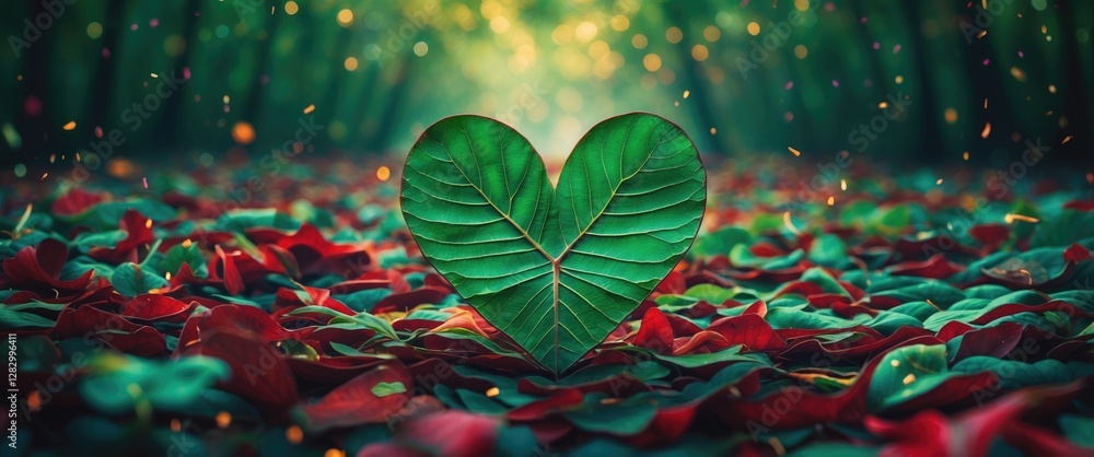 Poster heart-shaped green leaf on a bed of red and green leaves in a forest setting with blurred background