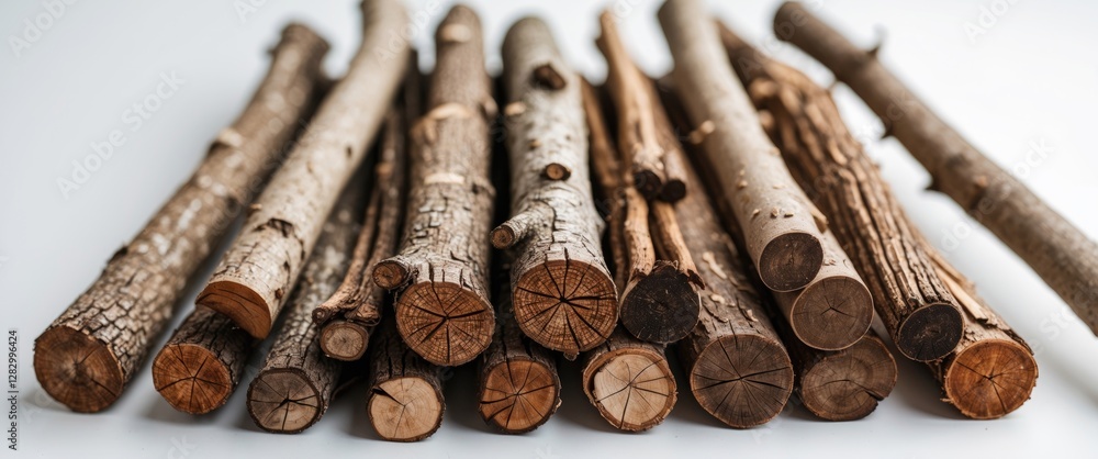 Poster Assorted wooden logs stacked on a white surface arranged in a natural pattern with various textures and colors of wood.
