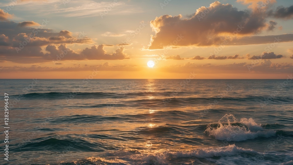 Poster Sunset over calm ocean waters with soft waves and a colorful sky illuminated by the setting sun and scattered clouds