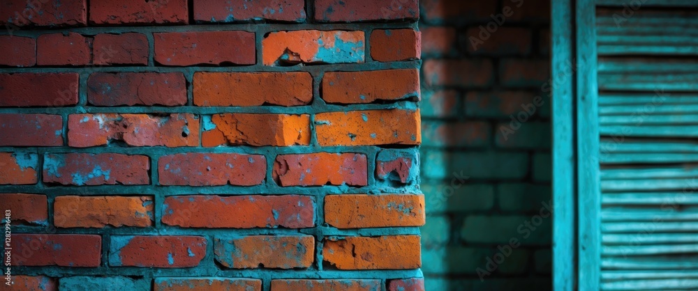 Poster close up of weathered brick wall with vivid colors under shadow highlighting texture and patterns in