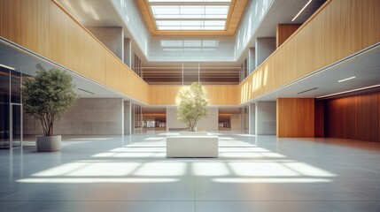 A legislative hall with modern art sculptures and bright lighting. Featuring creativity and openness