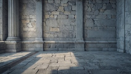 Ancient stone wall interior with columns and uneven flooring in a historically inspired setting