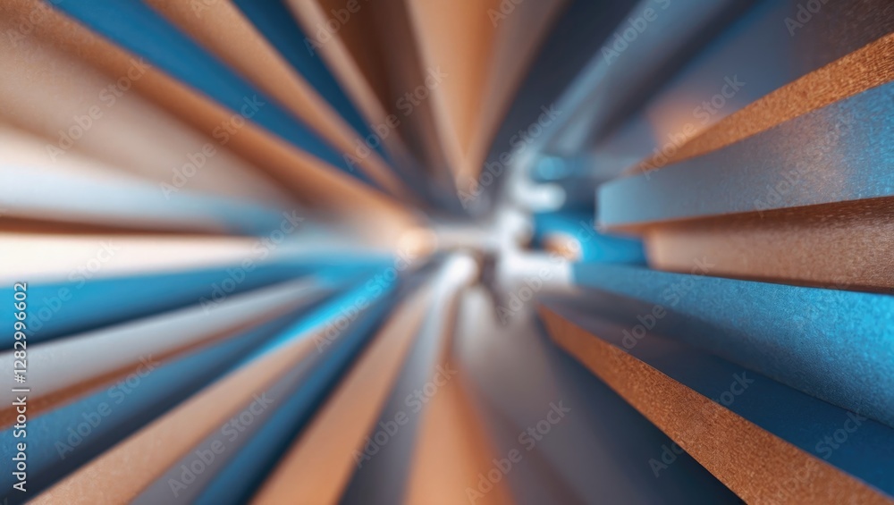 Poster Abstract close-up view of colored metallic stripes in blue and copper tones creating a dynamic optical effect in a blurred perspective.