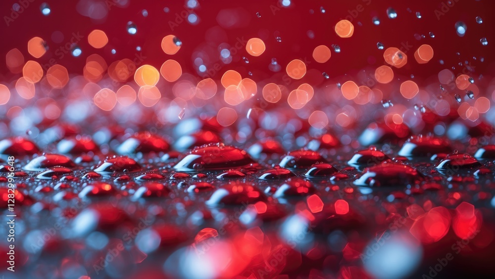Poster bokeh lights on a red background with water droplets creating a dreamy and vibrant atmosphere suitab