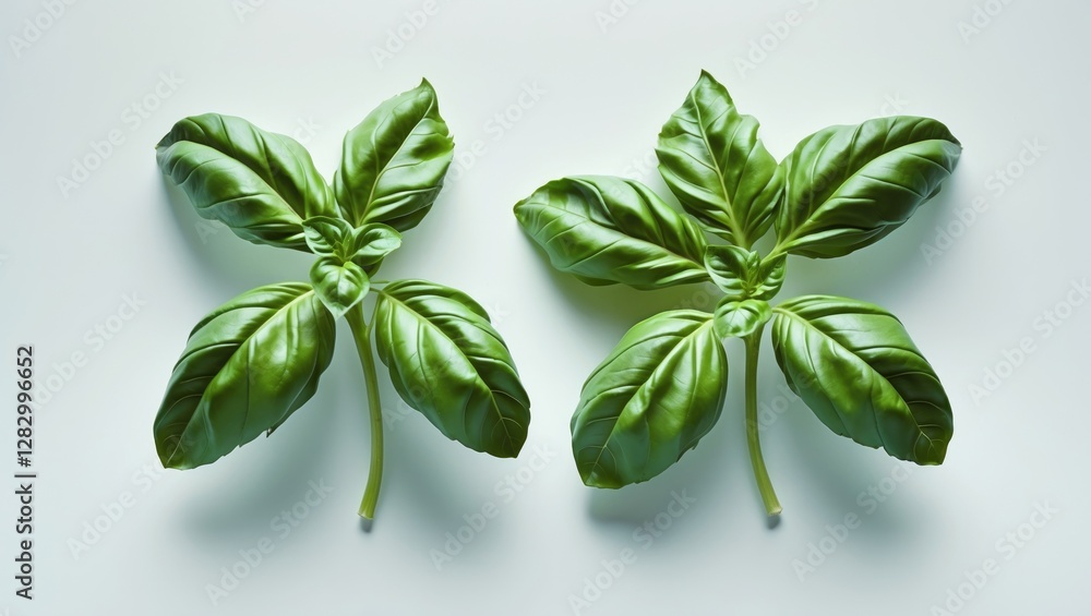 Poster fresh green basil leaves arranged in a pair on a light background showcasing the rich texture and vi