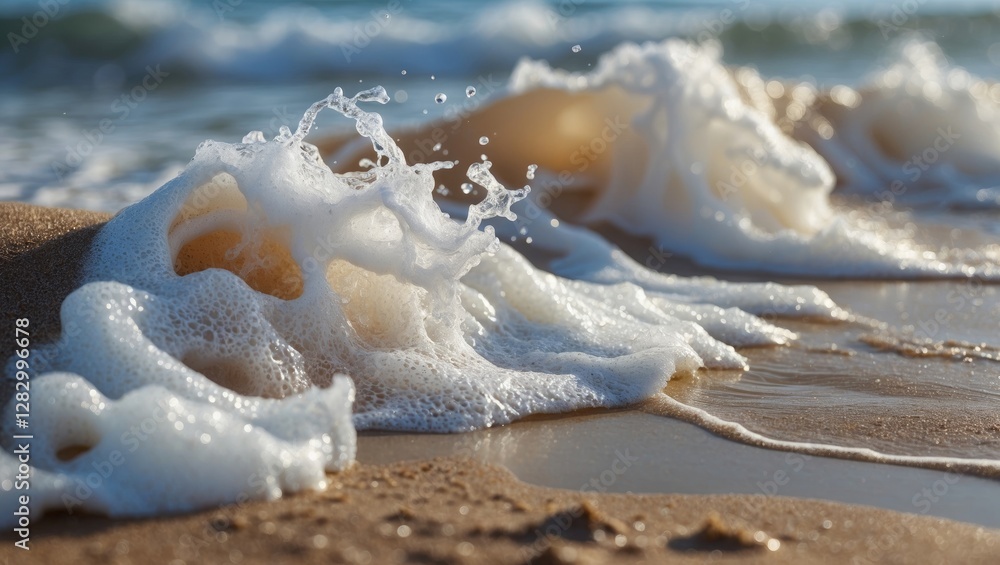 Poster Waves crashing on sandy beach creating foam and bubbles in bright daylight with soft focus on water and shore textures
