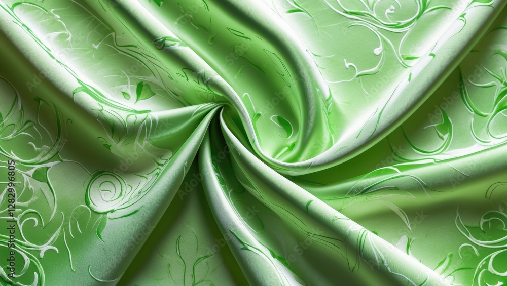Poster green textured fabric with floral pattern smooth folded drapery background textile surface close up